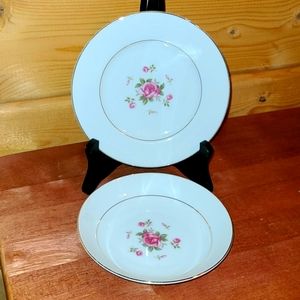 Vintage Fine China Japan Gemini Rose Pink Roses Bread Plate & Dessert Bowl